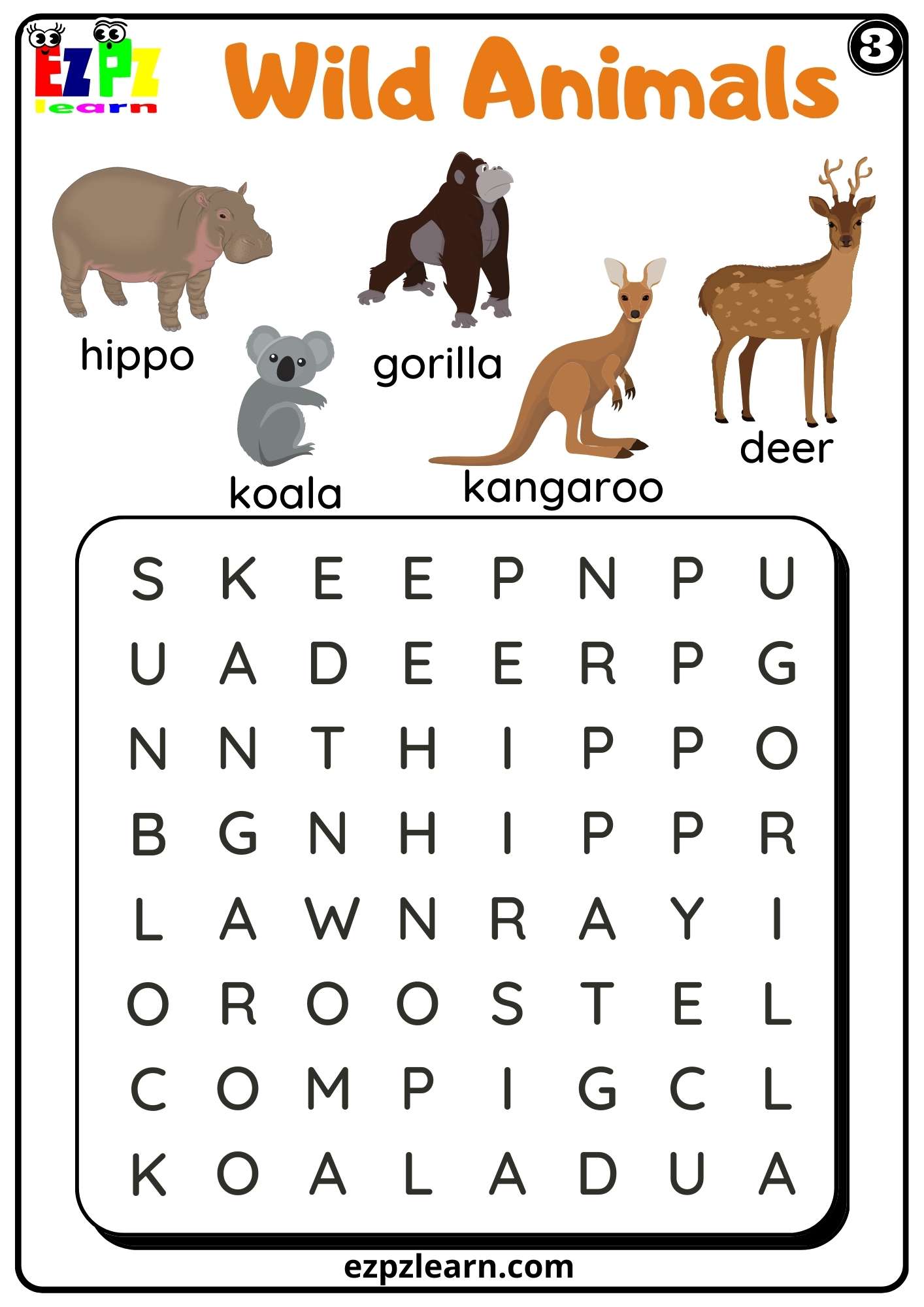Wild animals word search worksheet for kids and esl pdf download set 3